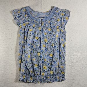 Bandolinoblu Top Women Small Blue Smocked Floral Mesh Embroidered Peasant New